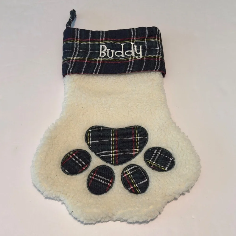 Buddy Personalized Dog Paw Christmas Stocking Sherpa‎ Plaid Navy Ivory 15in